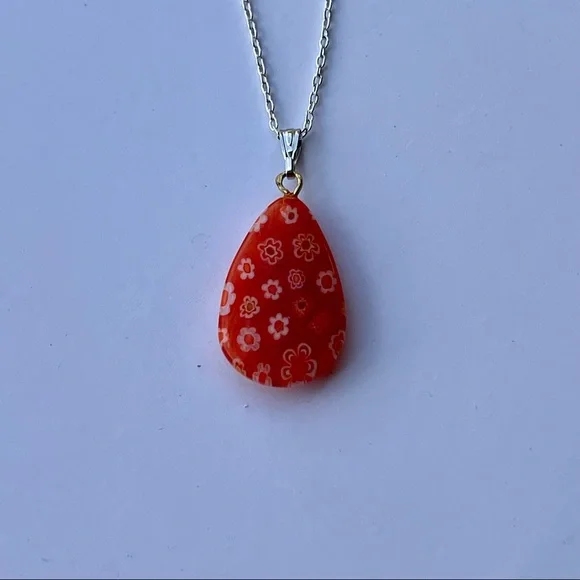 Orange & white Murano glass millefiori teardrop charm 925 sterling silver chain - Picture 5 of 7